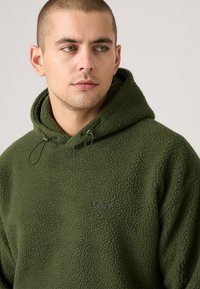 Green fleece hoodie featuring a textured surface, drawstrings at the hood, and a subtle embroidered logo.