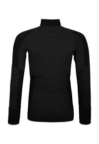 Black long-sleeve top with a high neck, featuring textured material and seamless design elements. Smooth finish with fitted sleeves.