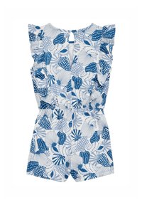 Mėlynas ir baltas raštuotas romperis su volanėlėmis, elastine juosmeniu ir atvira nugara. Yra abstrakčių formų ir taškų dizainas.