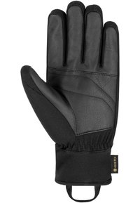 Black GORE-TEX insulated glove with textured palm, elastic wrist, and loop for hanging, shown palm-side up on a white background.
