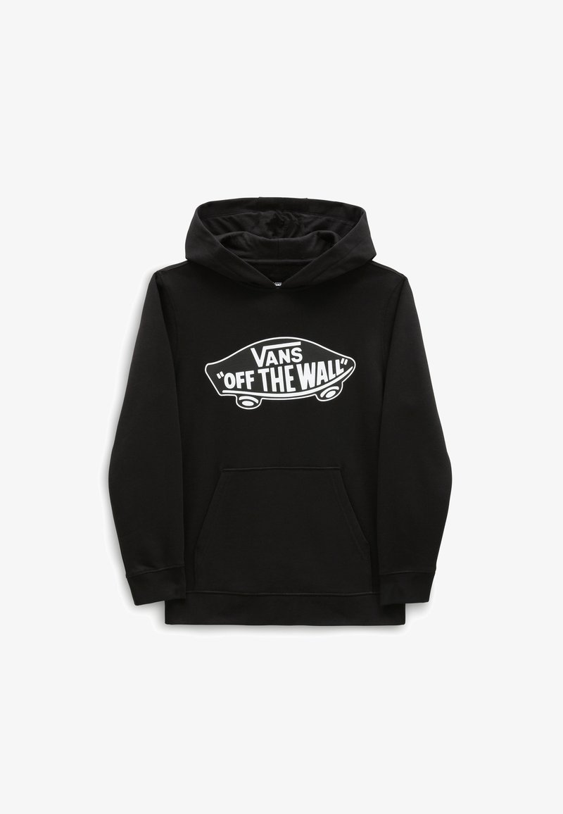 Hoodie noir en mélange de coton, avec une poche avant et un logo graphique en texte blanc "VANS 'OFF THE WALL'" accompagnée d'une illustration de skateboard.