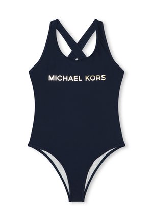 Costume da bagno intero blu navy con spalline incrociate e logo dorato "MICHAEL KORS" sul petto. Tessuto liscio, design della gamba alta.