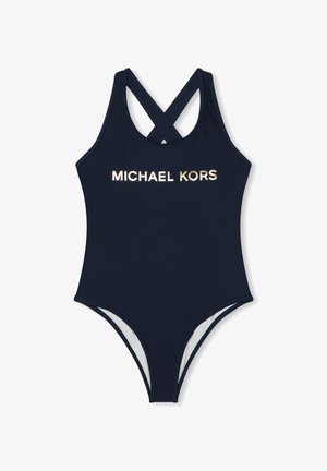 Costume da bagno intero blu navy con spalline incrociate e logo dorato "MICHAEL KORS" sul petto. Tessuto liscio, design della gamba alta.