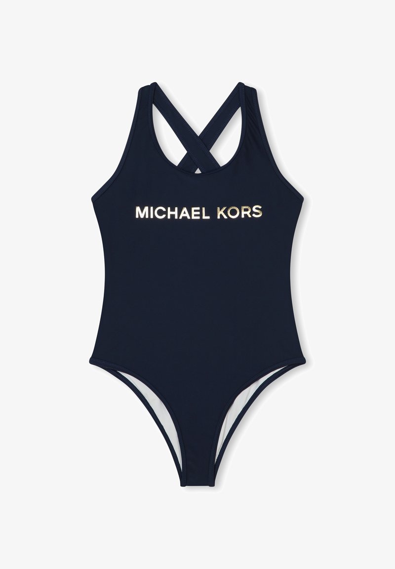 Costume da bagno intero blu navy con spalline incrociate e logo dorato "MICHAEL KORS" sul petto. Tessuto liscio, design della gamba alta.
