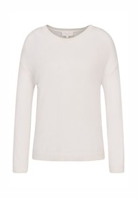 Leichter, langärmeliger Rundhalspullover in Creme. Bietet eine glatte Textur und einen gerippten Saum. Etikett an der Halslinie sichtbar.