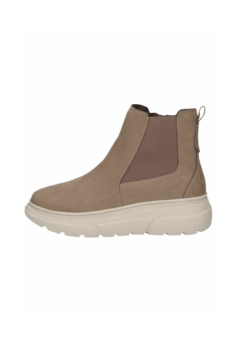 Bottine en suede beige avec des panneaux élastiques sur les côtés et une languette. Dotée d'une semelle épaisse couleur crème avec un profil texturé pour une meilleure adhérence.