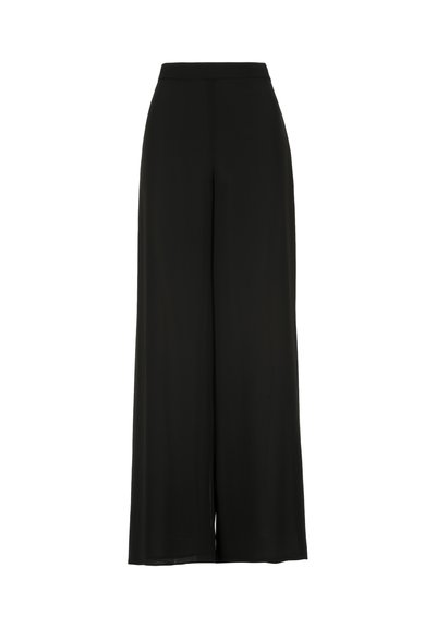 Pantalon noir taille haute à jambe large avec une ceinture lisse et un ourlet droit, présenté sur un fond blanc.