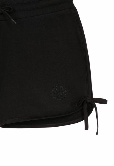 Zwarte katoenen shorts met een reliëflogo, trekkoorden en een gestructureerde afwerking. Eenvoudig ontwerp met een gezoomde rand.