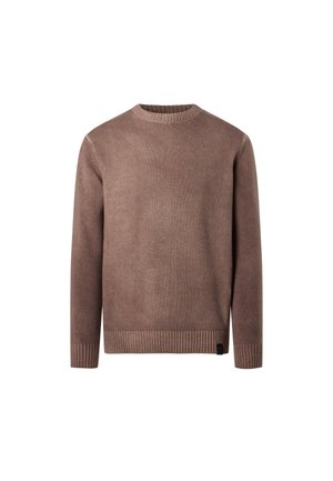 Pull marron à col rond avec des manches longues, bord-côtes aux poignets et à l'ourlet, présenté sur fond blanc.