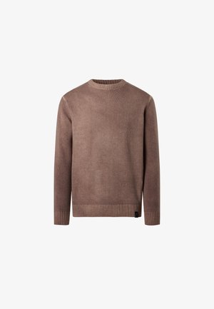 Brauner Rundhalsausschnitt-Pullover mit langen Ärmeln, gerippten Bündchen und Saum, vor einem weißen Hintergrund präsentiert.