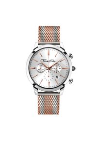 Silberne Chronographuhr mit roségoldenen Akzenten, Mesh-Armband, das Silber und Roségold kombiniert, und einem Zifferblatt in Silber mit Sonnenschliff und drei Unterzifferblättern.