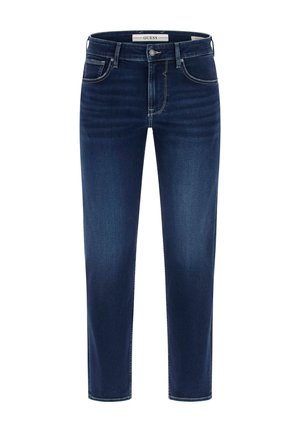 Dunkelblaue Slim-Fit-Jeans mit Knopfleiste, Gürtelschlaufen, Taschen vorne und hinten sowie subtilen Verblassungen an den Oberschenkeln.