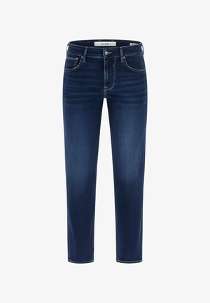 Donkerblauwe slim-fit jeans met knoopsluiting, riemlussen, voor- en achterzakken en subtiele vervaging op de bovenbenen.