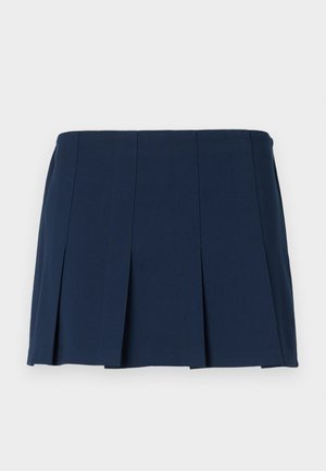 Navy blue pleated mini skirt with a straight waistband, made from a smooth fabric. Features vertical stitching along the pleats.