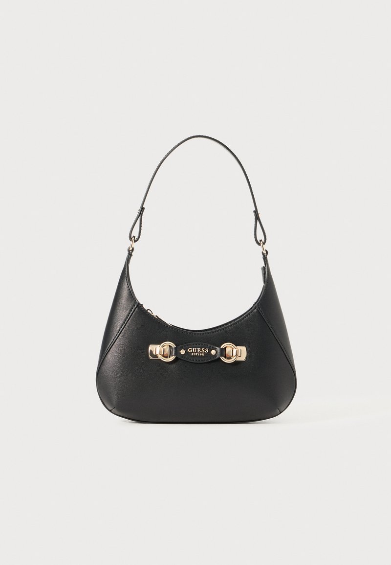 Black leather handbag with a curved silhouette, featuring a top handle, gold-tone hardware, and a logo plaque at the front. Smooth texture.