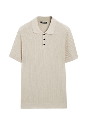 Beiges kurzärmeliges Strick-Poloshirt mit Rippenstruktur, drei schwarzen Knöpfen und klassischem Kragen von Massimo Dutti.