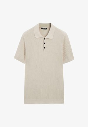 Polo en maille beige à manches courtes avec texture côtelée, trois boutons noirs et col classique, de Massimo Dutti.