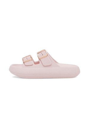 Lyserød slip-on sandal med to justerbare roseguldbukser og tekstureret sål til hverdagsbrug.