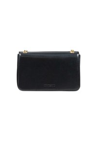 Borsa rettangolare nera in pelle con tracolla in catena dorata e logo del brand sottile in rilievo al centro della parte anteriore.