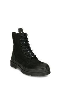 Botas de cuero ante negras hasta el tobillo con un diseño de cordones, parte superior texturizada, suela de goma en contraste y lengüeta en la parte trasera.