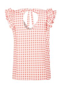 Haut sans manches à carreaux vichy rouge et blanc avec épaules à volants et encolure ouverte nouée par un nœud.