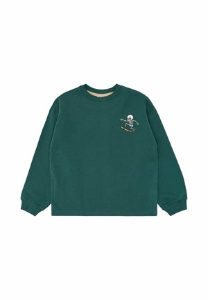 Mørkegrøn sweatshirt med lange ærmer med en lille hvid skelet, der kører på skateboard på venstre bryst.