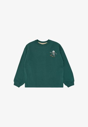 Sweat-shirt vert foncé à manches longues avec un petit squelette blanc en train de faire du skateboard sur la poitrine gauche.