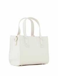 Sac fourre-tout en cuir blanc avec doubles poignées, forme rectangulaire, texture lisse, détails de couture et design minimaliste.