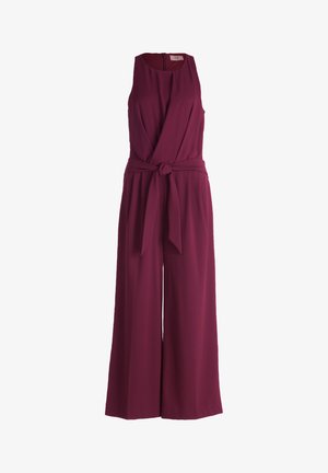 Bordeaux, ærmeløs jumpsuit med en omslag-style bodice, et bælte i taljen og brede bukser. Glat stofstruktur.