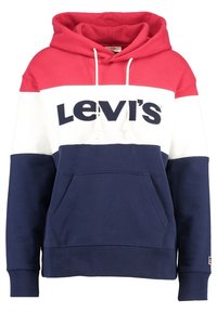Sweat à capuche en polaire rouge, blanc et bleu marine avec grande poche avant, cordons de serrage et logo "Levi's" affiché en évidence sur la poitrine.