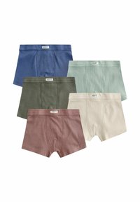 Cinci perechi de boxeri din material ribbed în culorile albastru, verde, gri, crem și mauve, fiecare având un mic etichetă albă "NEXT" pe talie.