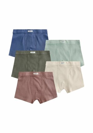 Pět párů boxerky z ribbed tkaniny v modré, zelené, šedé, krémové a mauve barvě, každé s malou bílou etiketou "NEXT" na pásku.