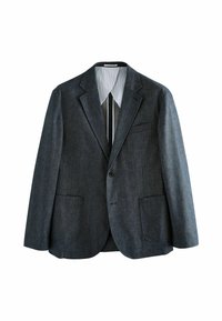 Tmavomodrý blejzer vyrobený z textúrovanej tkaniny, s klopenými goliermi, jedným gombíkom, dvoma prednými vreckami a prúžkovanou podšívkou.
