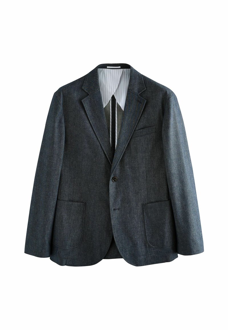 Sacou bleu închis fabricat din material texturat, cu revere tăiate, închidere cu un singur nasture, două buzunare frontale și căptușeală interioară raiată.