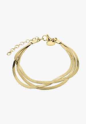 Bracciale color oro con tre catene serpentine intrecciate, superficie testurizzata, chiusura a moschettone e catena regolabile con etichetta.