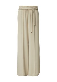 Beige wijdere broek met een textuurstof, uitgerust met een elastische tailleband en een strikdetail aan de voorkant. Glad, recht gesneden.