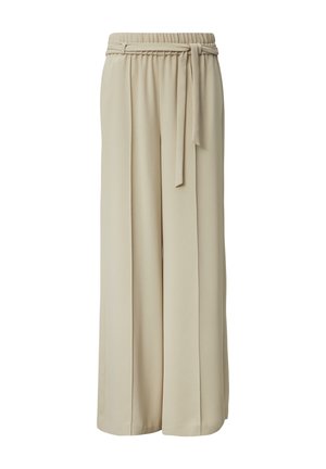 Beige wide-leg pants with a textured fabric, featuring an elastic waistband and a tied belt detail at the front. Smooth, straight cut.