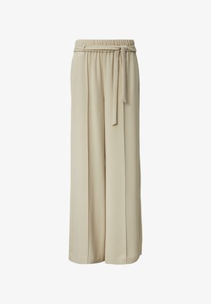Beige wide-leg pants with a textured fabric, featuring an elastic waistband and a tied belt detail at the front. Smooth, straight cut.