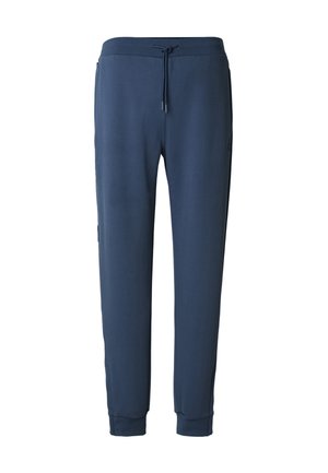 Navy blue jogger pants made of soft fabric. Features an elastic waistband with drawstring and tapered legs with fitted cuffs.