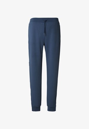 Navy blue jogger pants made of soft fabric. Features an elastic waistband with drawstring and tapered legs with fitted cuffs.