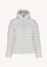 Veste matelassée blanche avec capuche, fermeture éclair sur toute la longueur à l'avant et accents côtelés sur les manches ; légère, texture lisse.