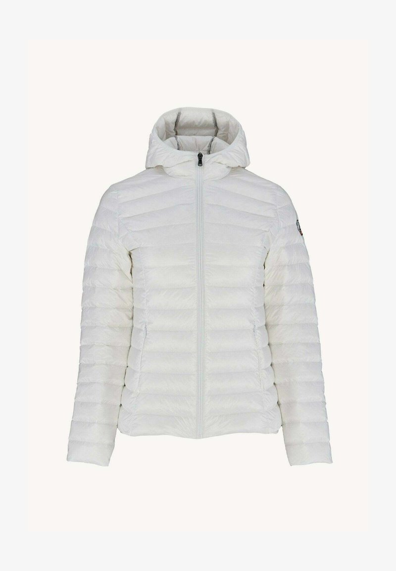 Witte, gewatteerde pufferjas met een capuchon, volledige rits aan de voorkant en gebreide accenten op de mouwen; lichtgewicht, gladde textuur.