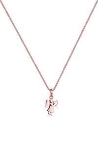 Ogrlica od ružičastog zlata s tankim lancem; ima mali privjesak anđela koji drži srce, glatku površinu i polirani završetak.
