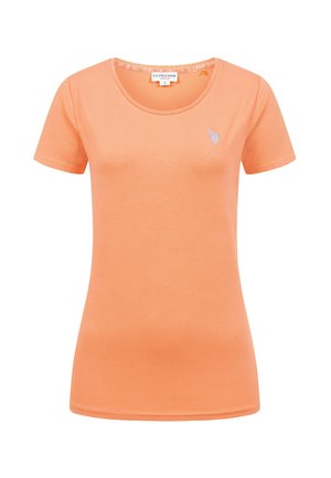 Short-sleeve, peach-colored fitted T-shirt with round neckline and small white embroidered logo on left chest.