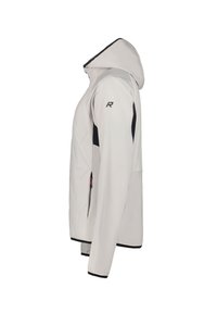 Chaqueta gris claro con capucha, con acentos negros. Hecha de un material suave y ligero. Cierre frontal con cremallera y bolsillos laterales visibles.