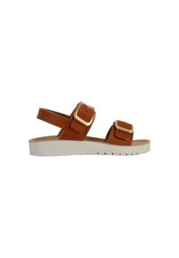Sandal in pelle marrone con due fibbie regolabili e una suola piatta bianca. Caratterizzata da una soletta piatta e un design minimalista.