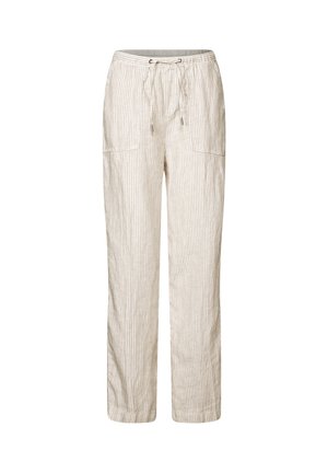 Pantalones ligeros de rayas beige con cintura ajustable, dos bolsillos frontales y perneras rectas, con un acabado de tejido texturizado.