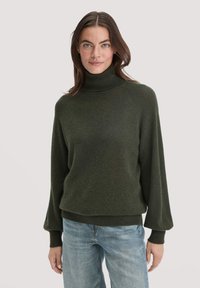 Dunkelgrüner Rollkragenpullover aus weichem Material, mit lässiger Passform, weit geschnittenen Ballonärmeln und geripptem Saum sowie Bündchen.