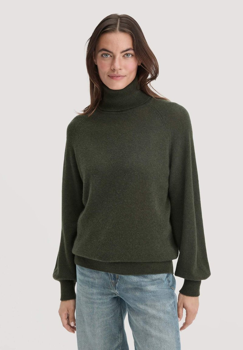 Dunkelgrüner Rollkragenpullover aus weichem Material, mit lässiger Passform, weit geschnittenen Ballonärmeln und geripptem Saum sowie Bündchen.