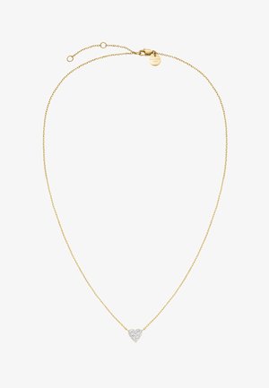 Collana delicata con catena d'oro e piccolo ciondolo a forma di cuore incastonato con pietre preziose trasparenti e chiusura a moschettone.